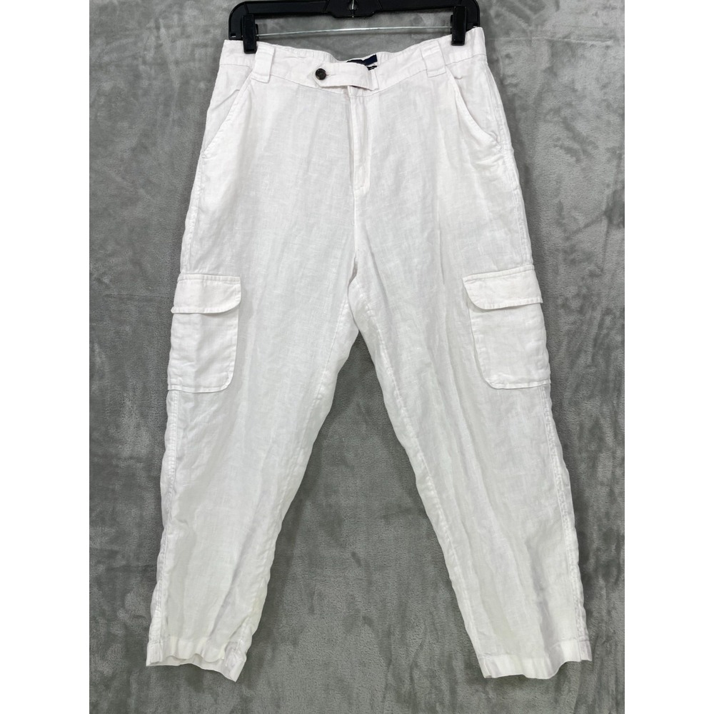 Rachel Roy Linen Cargo Crop Pants Size M White Resort Safari Neutral Minimalist
